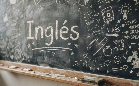 Ingl&eacute;s pizarra escolar con dibujos y tiza concepto de aprendizaje y educaci&oacute;n de idiomas