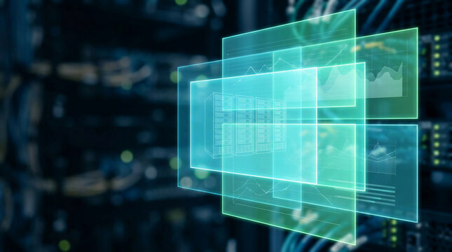 Futuristic data center server room with glowing holographic screens displaying digital network information cloud computing technology and virtual database management system background.
