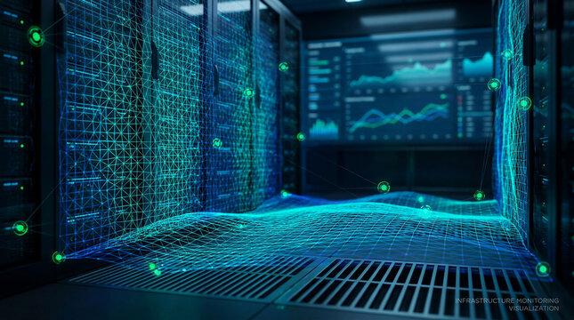 Futuristic data center room with glowing blue server racks and digital information flow visualization representing cloud computing network security and high speed internet database storage.