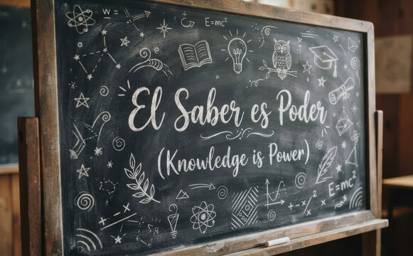 El Saber es Poder (Knowledge is Power) - Pizarron escolar con frases motivacionales de educacion y aprendizaje para conceptos academicos y escolares