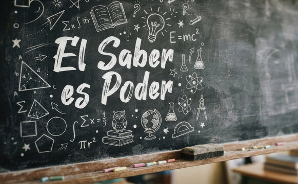 El Saber es Poder pizarra educativa con frases de motivacion y concepto de conocimiento y educacion escolar