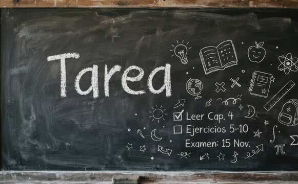 Tarea en pizarra con texto escolar y lista de deberes educativos para fondo