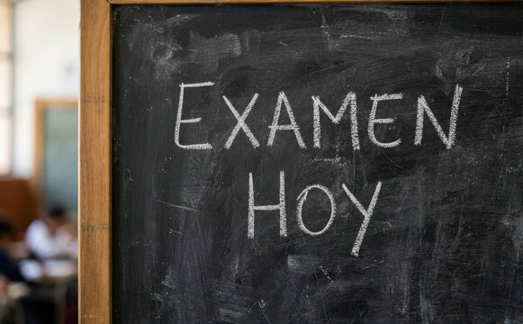 Examen hoy escrito en una pizarra escolar negrita, concepto de prueba academica, educacion y evaluacion escolar