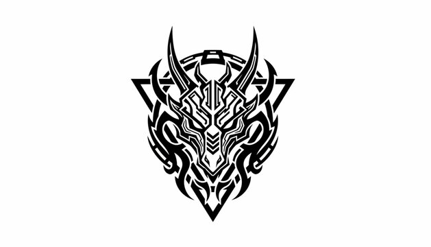 A striking black and white tribal tattoo design featuring a fierce dragon or demon head with intricate patterns and sharp horns.