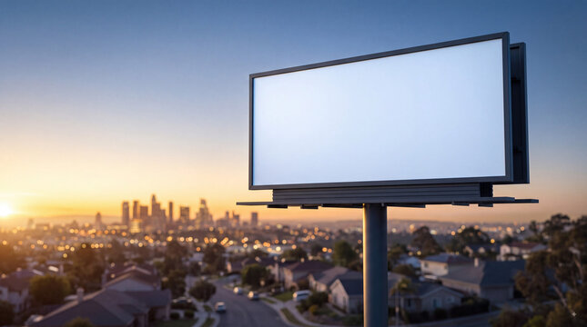 Blank roadside billboard mockup overlooking city skyline at sunset, outdoor advertising space with copy area above urban neighborhood for marketing campaign