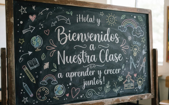 Bienvenidos a Nuestra Clase pizarra escolar con mensaje de bienvenida en espanol para educacion infantil y regreso a clases