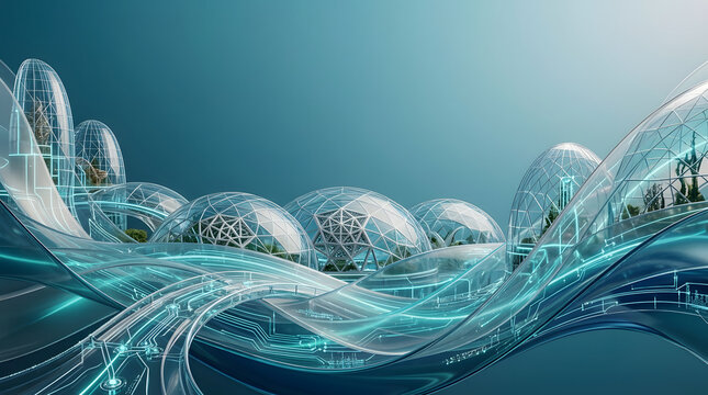 Futuristic cityscape with interconnected transparent domes and flowing digital blue light streams