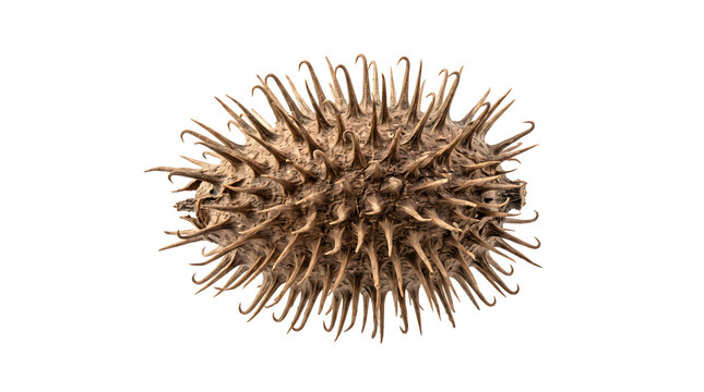 Dry spiky seed pod isolated on transparent background brown textured burr perfect for seasonal autumn crafts and natural decorations in minimalist garden design.