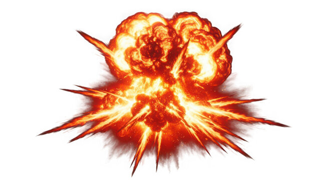 Fiery explosive burst with glowing sparks isolated with high intensity on transparent background
