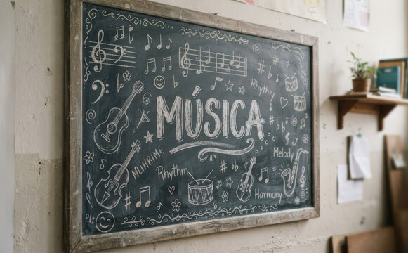 Musica en pizarra escolar para educacion artistica y concepto de aprendizaje creativo