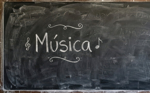 M&uacute;sica escrita en pizarra con tiza concepto de educaci&oacute;n art&iacute;stica y aprendizaje escolar