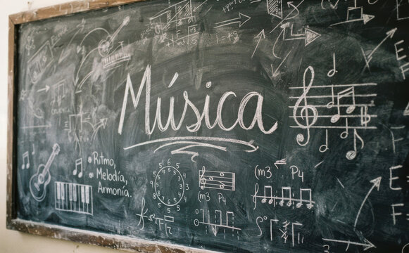 M&uacute;sica pizarra tiza notas musicales ritmo melodia armonia educacion aprendizaje clases
