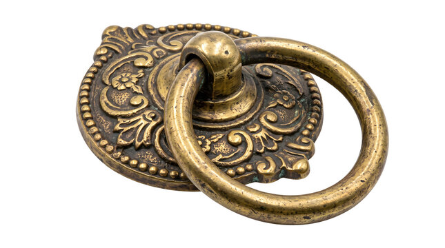 Exquisite antique brass drawer pull handle with detailed floral engravings and classic circular ring design for luxury furniture restoration or cabinet decor.