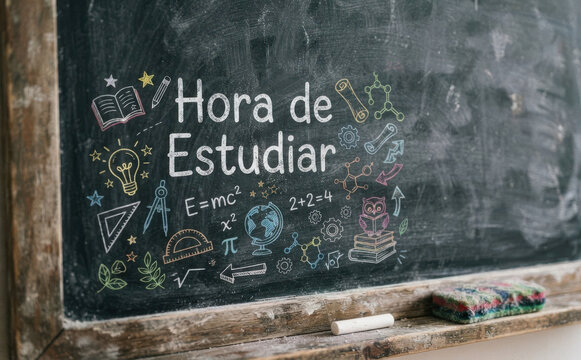 Hora de Estudiar. Pizarron con formulas y utiles escolares para educacion y aprendizaje.