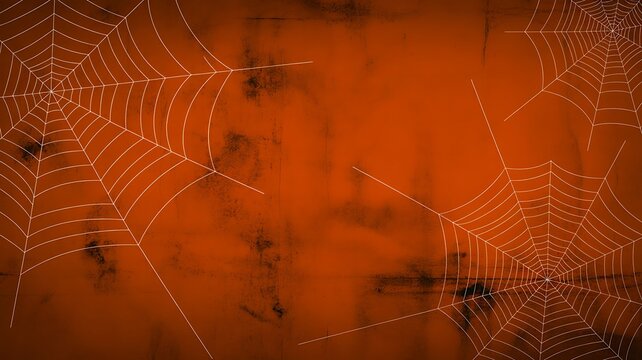 Halloween spooky orange background with spider webs, cobwebs and dark grunge texture