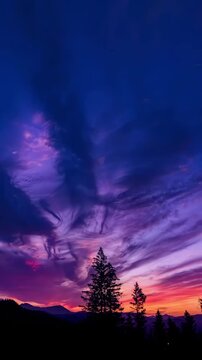 Low-angle video of dramatic sunset clouds above silhouetted pine trees, painterly and cinematic. Live mobile wallpaper.