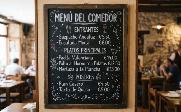 MEN&Uacute; DEL COMEDOR Cartel de pizarra con oferta gastron&oacute;mica en un restaurante tradicional espa&ntilde;ol con platos t&iacute;picos para publicidad