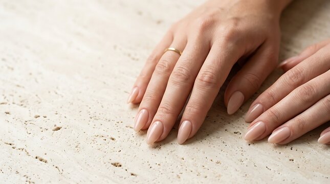Elegant hands featuring perfectly manicured nude almond shaped nails resting gracefully on a textured beige stone surface in soft lighting