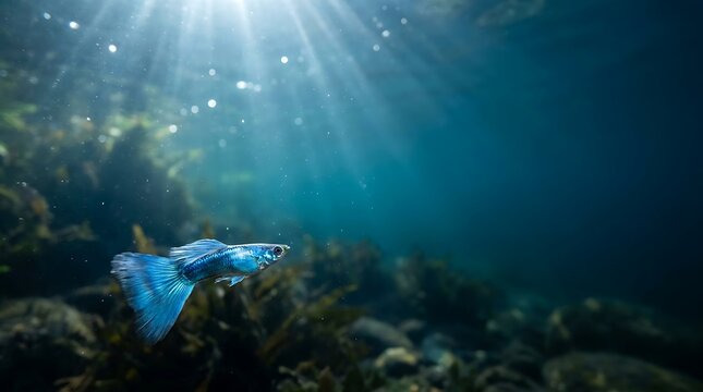 Brilliant blue guppy fish swimming peacefully through clear deep dark water with dramatic sunlight rays piercing the calm aquatic environment