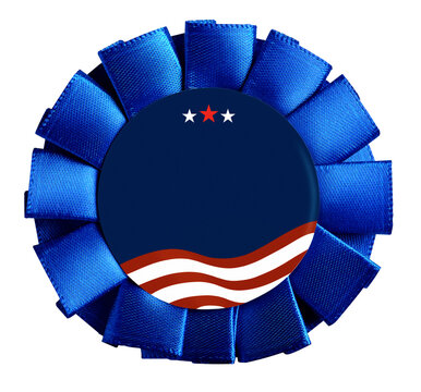 Blue ribbon rosette award with a blank white badge on a transparent background