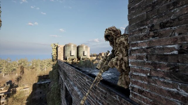 Camouflaged sniper in ghillie suit in ruined warzone building facing enemy soldier, drone and fighter jet, 3D animation