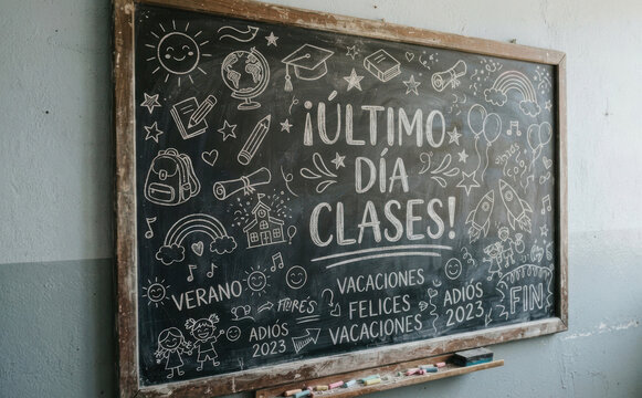 Ultimo dia de clases en la pizarra escolar con dibujos de fin de a&ntilde;o educativo y felices vacaciones