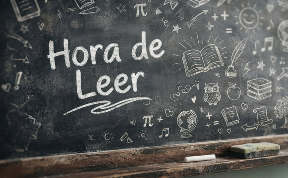 Hora de Leer pizarra escolar con dibujos educativos de lectura y literatura para estudio y educacion