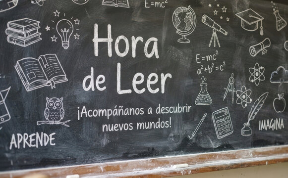 Hora de Leer cartel de pizarra escolar con dibujos educativos para motivar la lectura y el aprendizaje