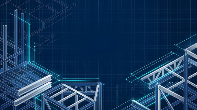 Digital architectural blueprint of a modern building structure with blue neon wireframe lines