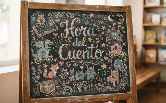 Hora del Cuento, cartel educativo en pizarra para biblioteca infantil y lectura escolar