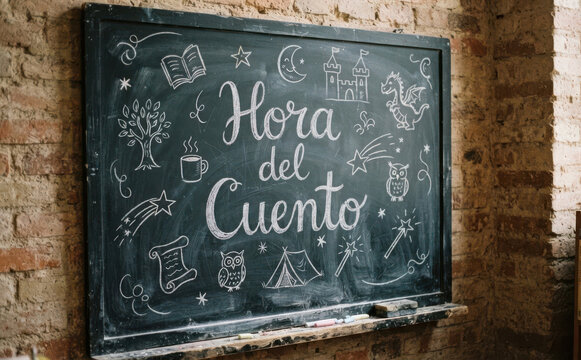 Hora del Cuento - Cartel de pizarra con dibujos para lectura infantil y educacion escolar