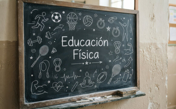 Educacion Fisica en pizarra escolar con dibujos deportivos para clases y educacion
