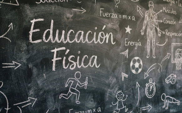 Educaci&oacute;n F&iacute;sica pizarra escolar con dibujos de deporte y anatom&iacute;a humana para aprendizaje y clases