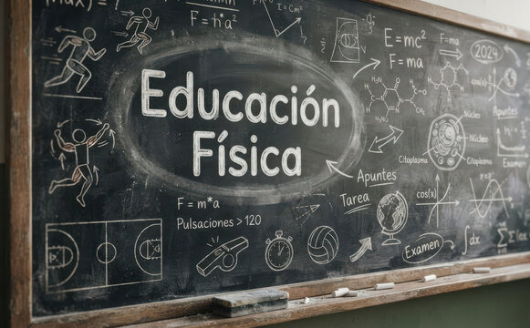 Educaci&oacute;n F&iacute;sica en pizarra escolar con dibujos de ciencia y deporte para clases de educaci&oacute;n f&iacute;sica y dise&ntilde;o educativo