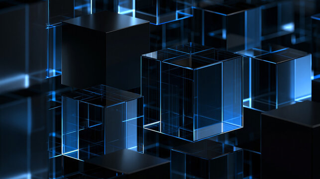 Abstract High Tech Background with Black Glass Cubes and Blue Glowing Light