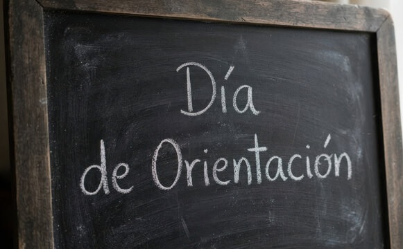 D&iacute;a de Orientaci&oacute;n escrito en pizarra escolar para bienvenida estudiantil y universidad