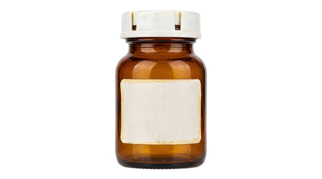 Small amber glass medicine bottle with blank white label and plastic cap is ideal for pharmaceutical storage of liquid vitamins or liquid chemical solutions.