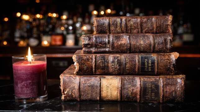 A stack of aged, bound leather books with gilded lettering rests on a dark surface in a dimly lit bar setting