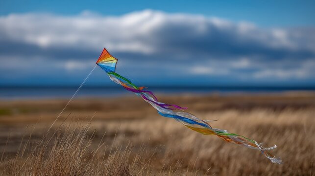A vibrant, rainbow-tailed kite dances against a blue sky with clouds and a blurred grassy field.