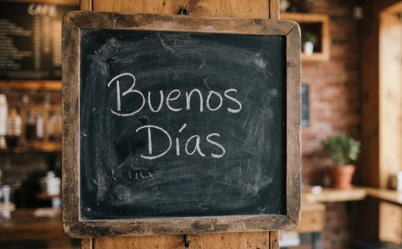 Buenos Dias pizarra de cafeteria con mensaje matutino para cafeteria o restaurante con decoracion rustica de madera