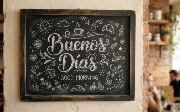 Buenos dias letrero de pizarra con tiza para cafeteria y desayuno con cafe y croissants