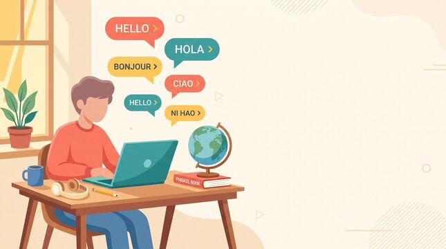 Student learning new language with conversation bubbles