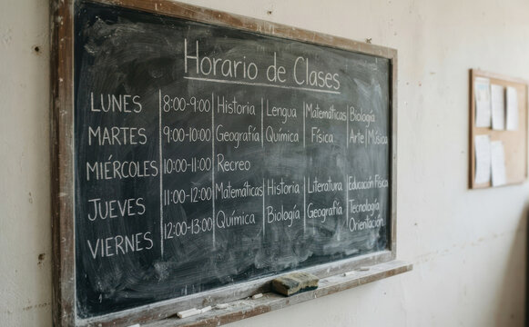 Horario de Clases escrito en pizarra. Planificacion escolar y organizacion educativa para estudiantes