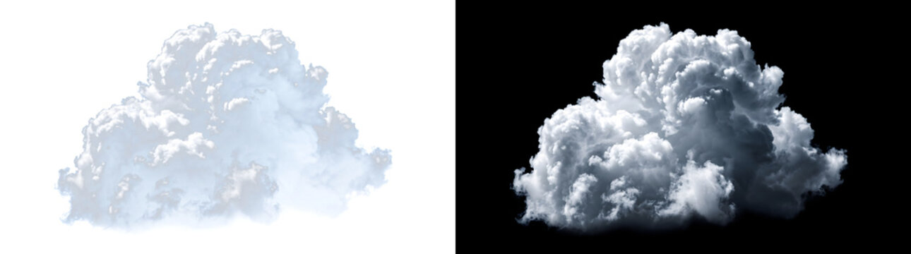 Fluffy white cloud with realistic detailed texture floating against a dark black background for weather design projects, PNG, Transparent and Black Background Versions