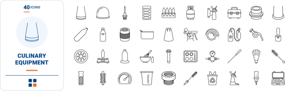 Whipped Cream Charger line icon set. Vector pictograms of equipment, accessories, tools, and hardware elements, thin linear illustration.