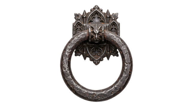 Sturdy gargoyle head door knocker in gothic dark metal style featuring intricate stone carved relief detail for classic entrance door hardware decoration.