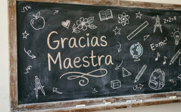 Gracias Maestra pizarra escolar con dibujos de educacion y agradecimiento a la profesora