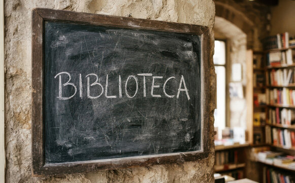 BIBLIOTECA pizarra con texto en pared de piedra y estantes con libros en el fondo, rotulo para libreria y estudio