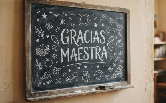 GRACIAS MAESTRA pizarra con tiza para agradecimiento a profesora en dia del maestro y educacion