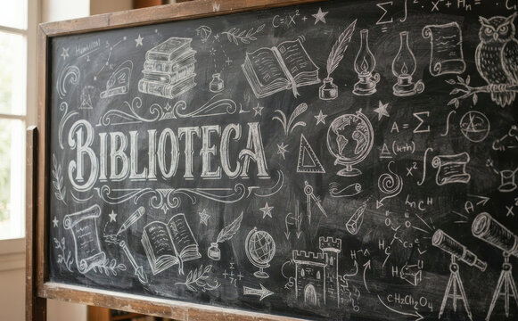 BIBLIOTECA Pizarron escolar con dibujos cientificos y educativos para diseno academico